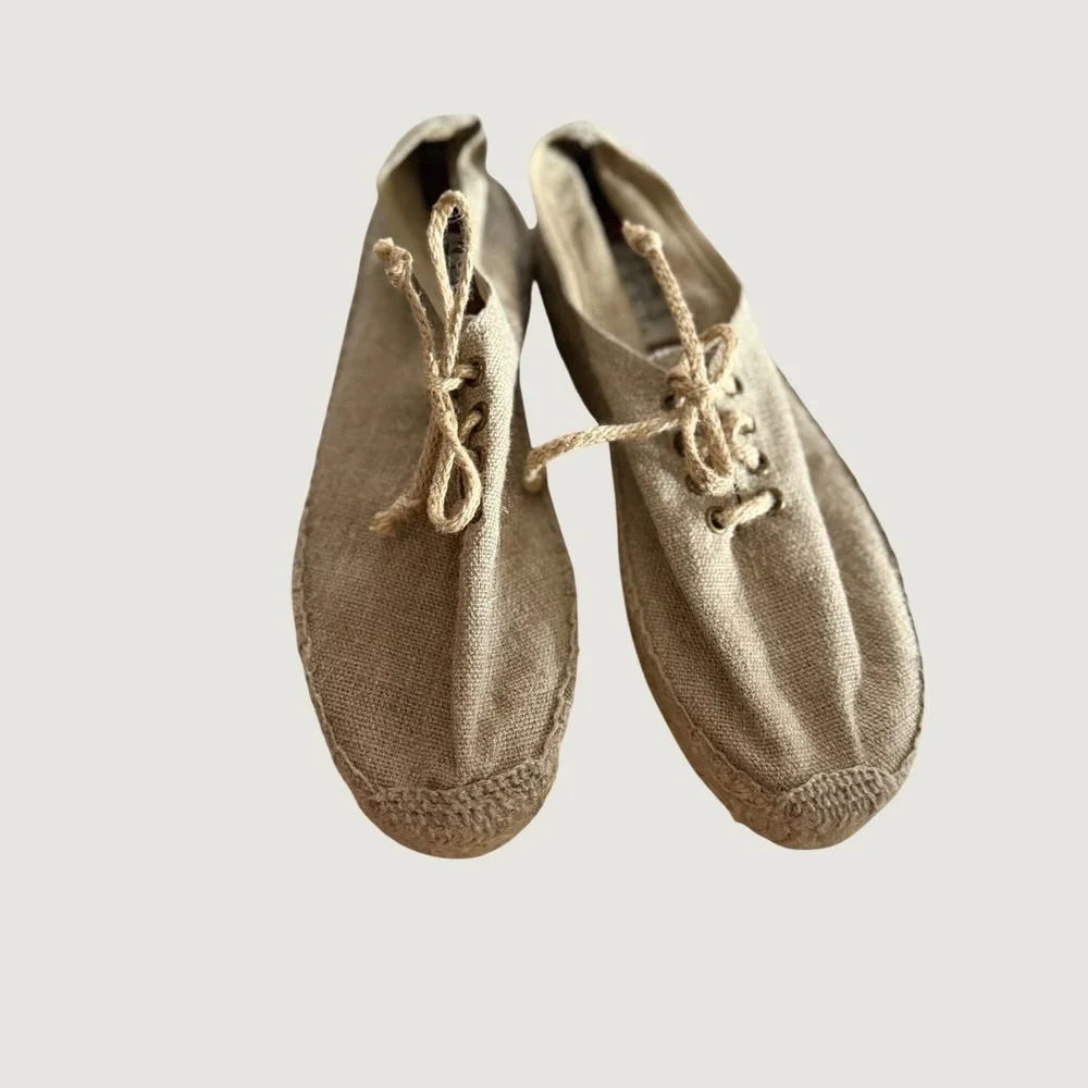 Nine West Tan Canvas Lace Up Espadrille Flats Women Size 9 Casual Summer Shoes